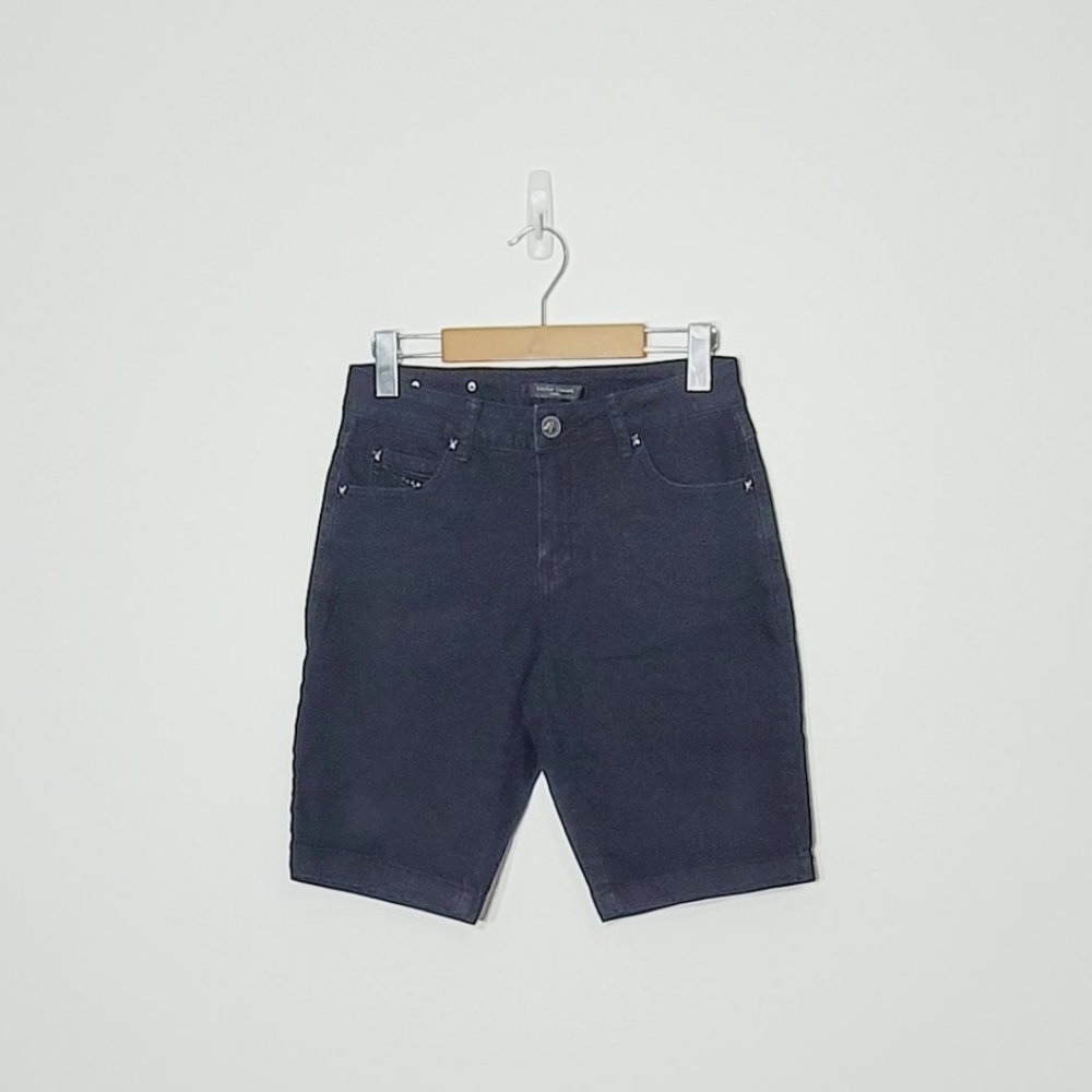 Simon Chang NEW Black Denim100% Cotton Jeans Pockets Embroidered Gems Shorts NWT - Picture 2 of 15